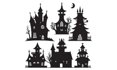 Fototapeta premium Spooky Halloween Witch, Haunted Houses, Pumpkins, Ghosts, and Bats Illustrations