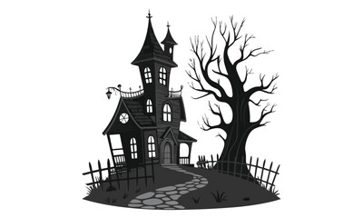 Spooky Halloween Witch, Haunted Houses, Pumpkins, Ghosts, and Bats Illustrations