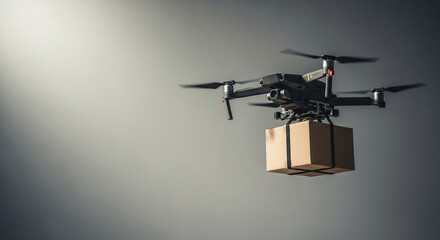 Drone delivery of a cardboard box against gray background, drone delivery in progress for fast commercial services. With reliable drone delivery, efficient shipping is now attainable.