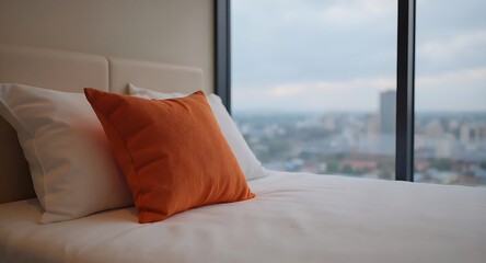 An orange pillow sits on a bed in a hotel room with city view