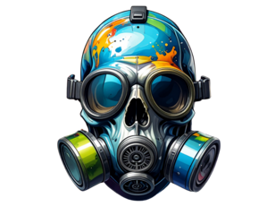 Cartoon Skull Wearing Gas Mask with Graffiti Style, T-Shirt Design PNG