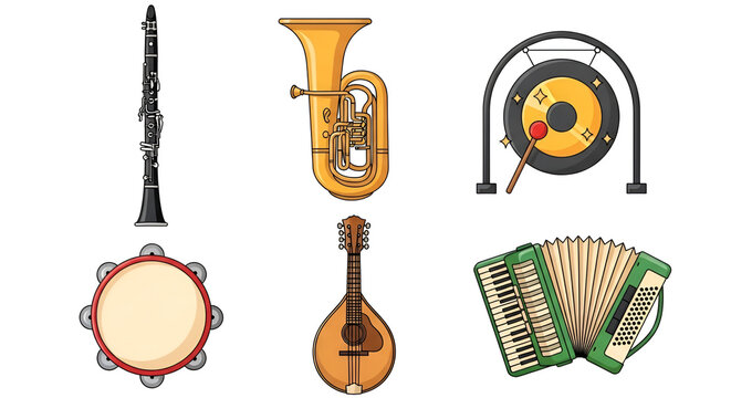 Musical Instruments Cartoon Illustrations Clarinet, Tuba, Gong, Tambourine, Mandolin, Accordion