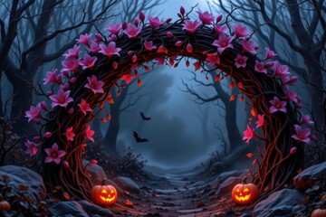 a halloween arch of brittle vines decorated with faded lilies, eerie purple shadows cast, pumpkin lanterns glowing faintly below, mystical and spooky.