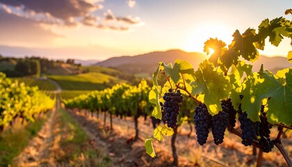 Naklejka premium Close-up of Grenache grapes on vine with sunlight. 
