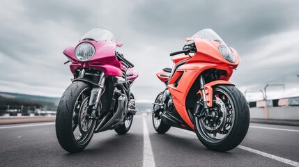 Fototapeta premium Two sport motorcycles, one pink and one orange, stand side-by-side on a racetrack, ready for action.
