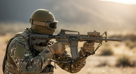 Military operation involves soldier aiming rifle in outdoor environment. Soldier wearing camouflage gear aiming rifle during military drills, showcasing tactical skills and intense training.