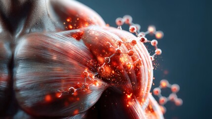 This image displays detailed anatomical art featuring muscle fibers and molecular structures, suitable for science and fitness-related content.