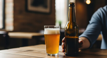Refreshing beer on table served with a glass and full bottle, perfect for social gatherings. Amber beer offers crisp refreshment on warm day, ideal for relaxation.