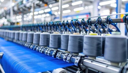 Fototapeta premium Close-up of a textile manufacturing machine with spools of thread in a factory setting.