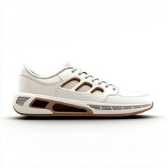 This shows a modern white sneaker with brown accents against a clean white background, ideal for fashion concepts.