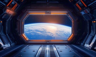 Obraz premium A stunning view of Earth from the window of a spacecraft, showcasing the beauty of our planet from orbit.