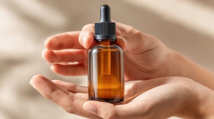 Naklejka premium A clear, amber-colored dropper bottle is held gently in two hands, set against a soft-lit, neutral backdrop. It depicts a skincare product.