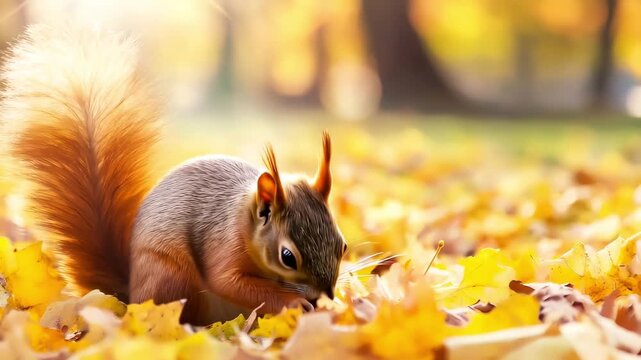 A Closeup of the red squirrel (Sciurus vulgaris) sitting on autumn leaves in forest and eating big nut