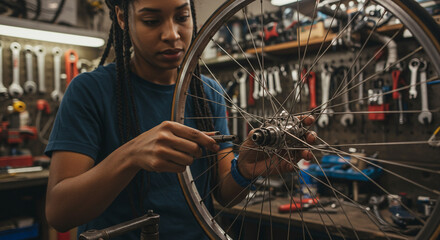 A woman repairing a bicycle wheel in a workshop with tools hanging on the wall in the background