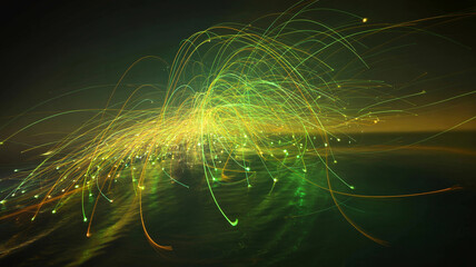 High-speed digital data transfer visualized as glowing green and yellow fiber optic light trails on a dark background