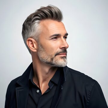  Confident middle aged man with gray hair and beard in profile looking sideways