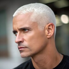 Fototapeta premium Profile portrait of a man with short white hair and a focused expression looking to the side