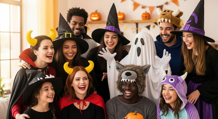 Celebrating Halloween with friends in costumes, showing excitement and joy. Halloween party with friends dressing up as ghosts, witches, and devils for trick or treating.