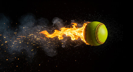 A bright yellow softball engulfed in flames with sparks and smoke on a stark black background scene here