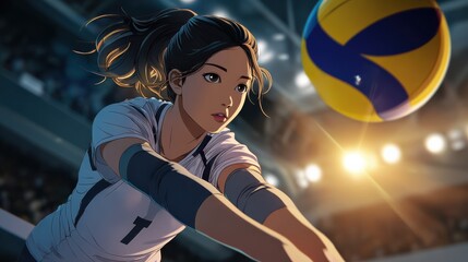 A dedicated female volleyball player is seen diving to save the ball during an intense match in a packed indoor arena, showcasing her athleticism and focus.