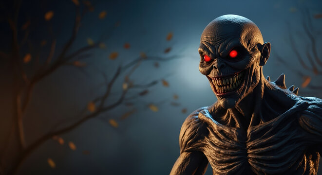 Halloween horror monster with glowing red eyes in dark forest. Scary Halloween creature with skeletal features and menacing grin perfect for Halloween invitations and themed parties.
