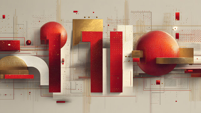 Futuristic abstract shapes in red, gold and white on digital background.