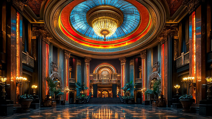 Obraz premium Ornate Gold and Marble Grand Hall with Elaborate Chandelier and Decorative Columns Rich Interior Architecture Design