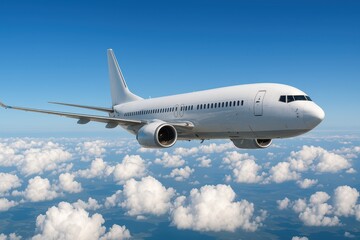 Obraz premium Airborne: A passenger jet streaks through the azure sky, its pristine white form contrasting against the fluffy, cloud-filled backdrop, symbolizing freedom and global travel.