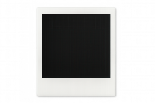 Classic white instant photo frame with a black empty space, isolated on a transparent background, ready for your image