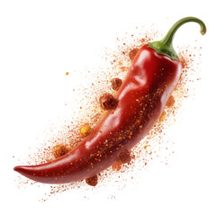 A vibrant red chili pepper with a dusting of spice, isolated on a transparent background