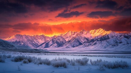 Obraz premium Winter Mountain Sunset with Glowing Horizon