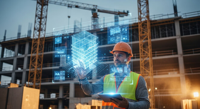 Construction worker using augmented reality tablet to visualize building design at construction site.  Innovative construction management software allows visualization of building plans. - Powered by Adobe