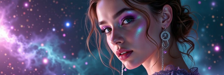 Enigmatic young caucasian female with cosmic makeup and galactic backdrop