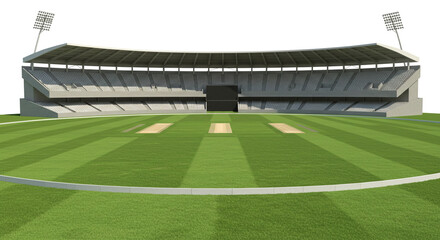 A digital rendering of a cricket stadium with green field and empty seating on a white background