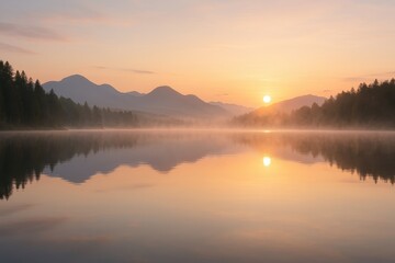 Fototapeta premium Sunrise over Serene Lake: The sun ascends over a tranquil lake, its gentle light casting a golden glow across the calm water and distant mountains, with fog, creating a peaceful natural vista. 