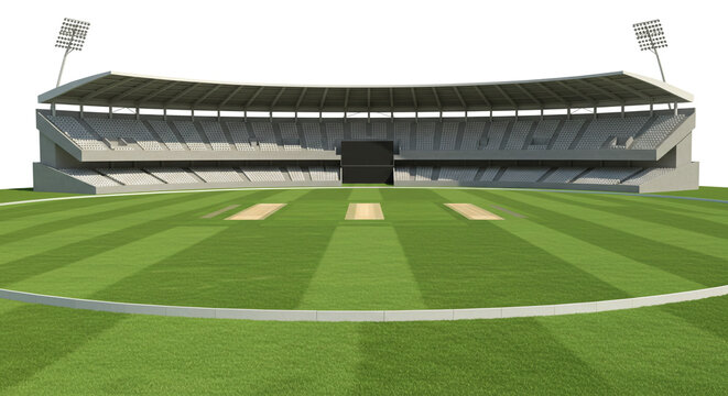 A digital rendering of a cricket stadium with green field and empty seating on a white background