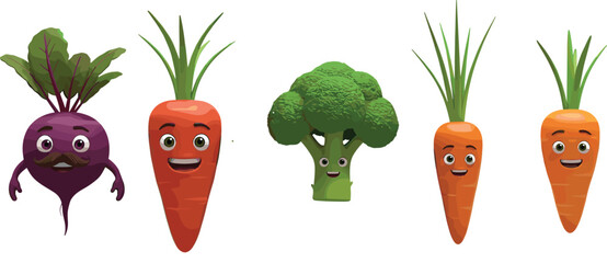 Cute animated vegetable characters, smiling carrot, broccoli, beetroot with faces, playful healthy food illustrations, friendly veggie cartoon, kids education art, organic farm theme
