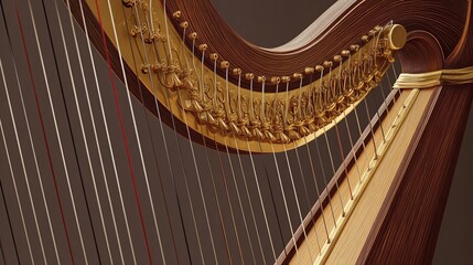 Close-up of a concert harp's ornate gilded neck, numerous strings, and rich wood body against a muted brown backdrop.  The intricate details of the instrument are highlighted