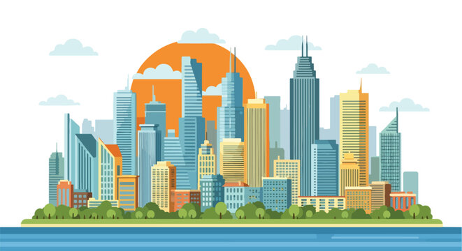 Flat illustration of a modern city skyline with tall skyscrapers, waterfront, and sunset background, ideal for business, real estate, travel, urban lifestyle, and metropolitan design themes
