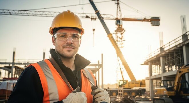 Confident construction engineer on site with cranes and building framework in the background