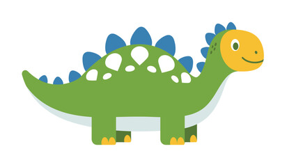 Adorable cartoon stegosaurus dinosaur with green body blue plates and yellow face smiling on a white background