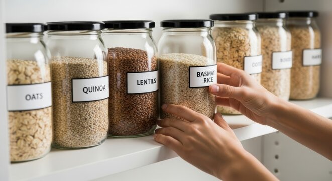 Organized pantry with jars of grains and legumes: oats, quinoa, lentils, basmati rice - Powered by Adobe