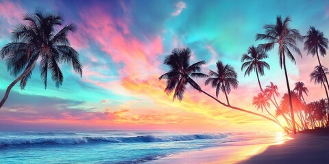 A stunning tropical beach scene at sunset, featuring silhouettes of palm trees under a vibrant, colorful sky reflecting on the ocean.