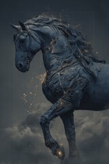 Fototapeta premium Majestic gray horse with ethereal glowing constellations and intricate textures, rearing against a dramatic cloudy backdrop, embodying strength and grace in a surreal atmosphere
