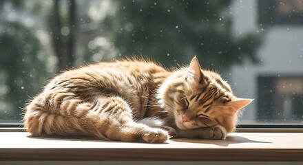 Orange Tabby Cat Napping on Windowsill.
