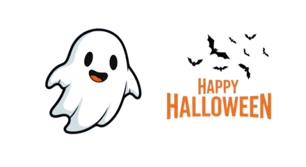 Spooky friendly ghost and flying bats set the mood for a fun and festive Happy Halloween celebration