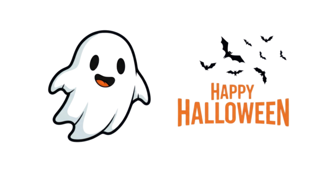 Spooky friendly ghost and flying bats set the mood for a fun and festive Happy Halloween celebration