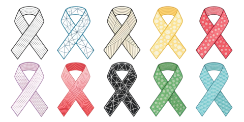 Twelve Awareness Ribbons Illustrated with Diverse Patterns Two Columns of Six Colorful Symbolic Ribbons for Awareness Campaigns