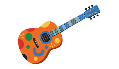 Vibrant and colorful acoustic guitar adorned with playful polka dots and abstract shapes in bright orange and blue hues isolated on white background