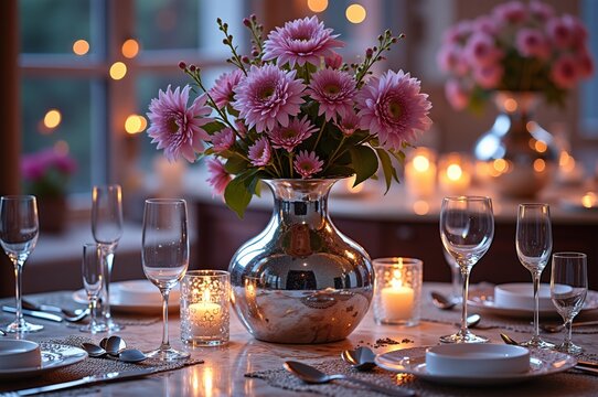 Elegant table setting with pink flowers, candles, and glassware for a romantic evening